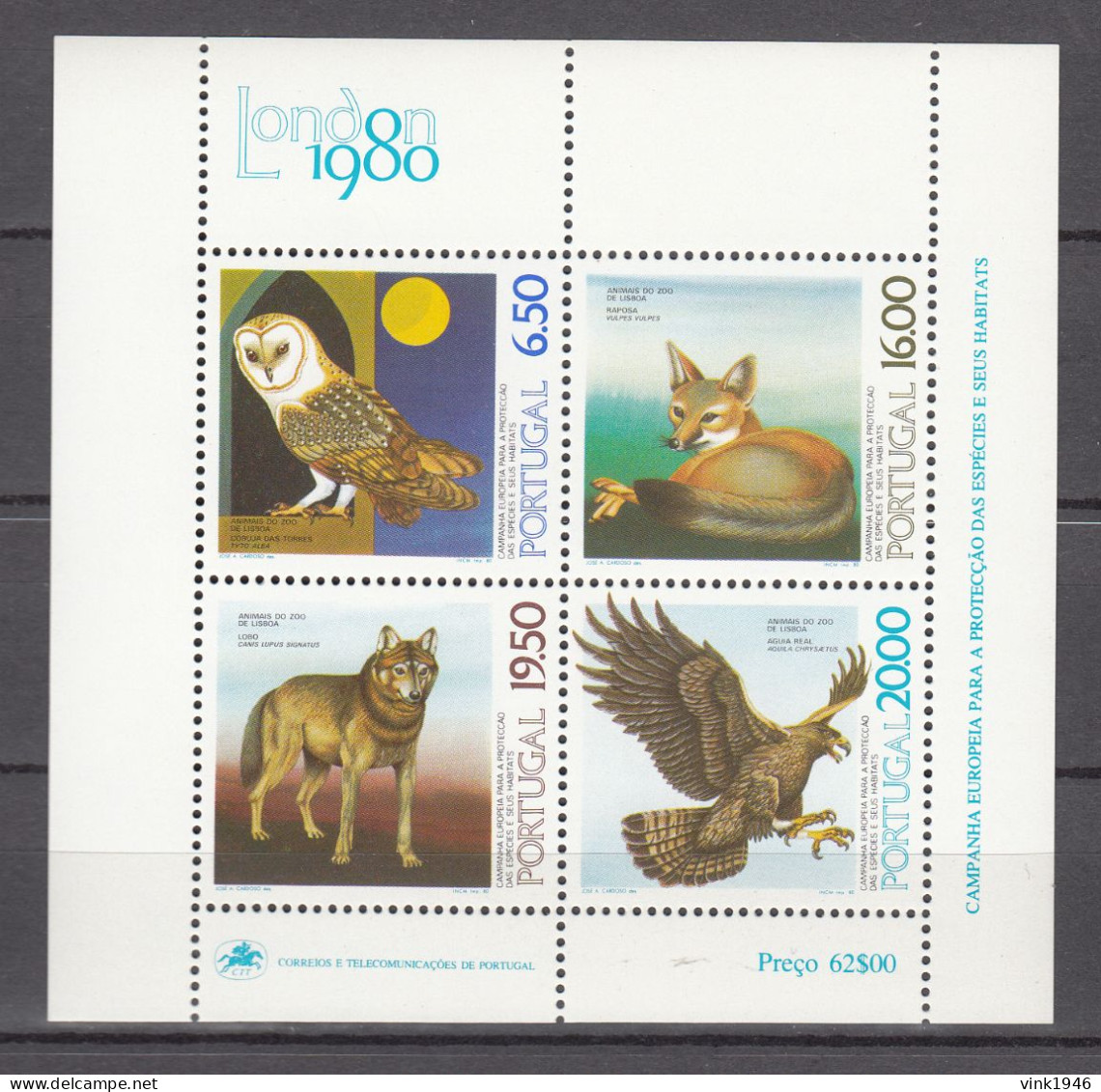 Portugal 1980,4V In Block,birds,vogels,vögel,oiseaux,fox,wolf,MNH/Postfris(L4477) - Autres & Non Classés