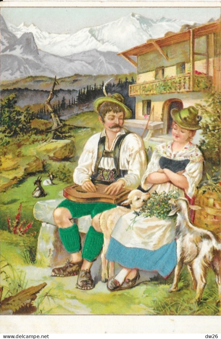 Illustration Couple De Tyroliens Avec Chèvres Et Cithare, Habits En Soie - Carte Gaufrée Non Circulée - Koppels