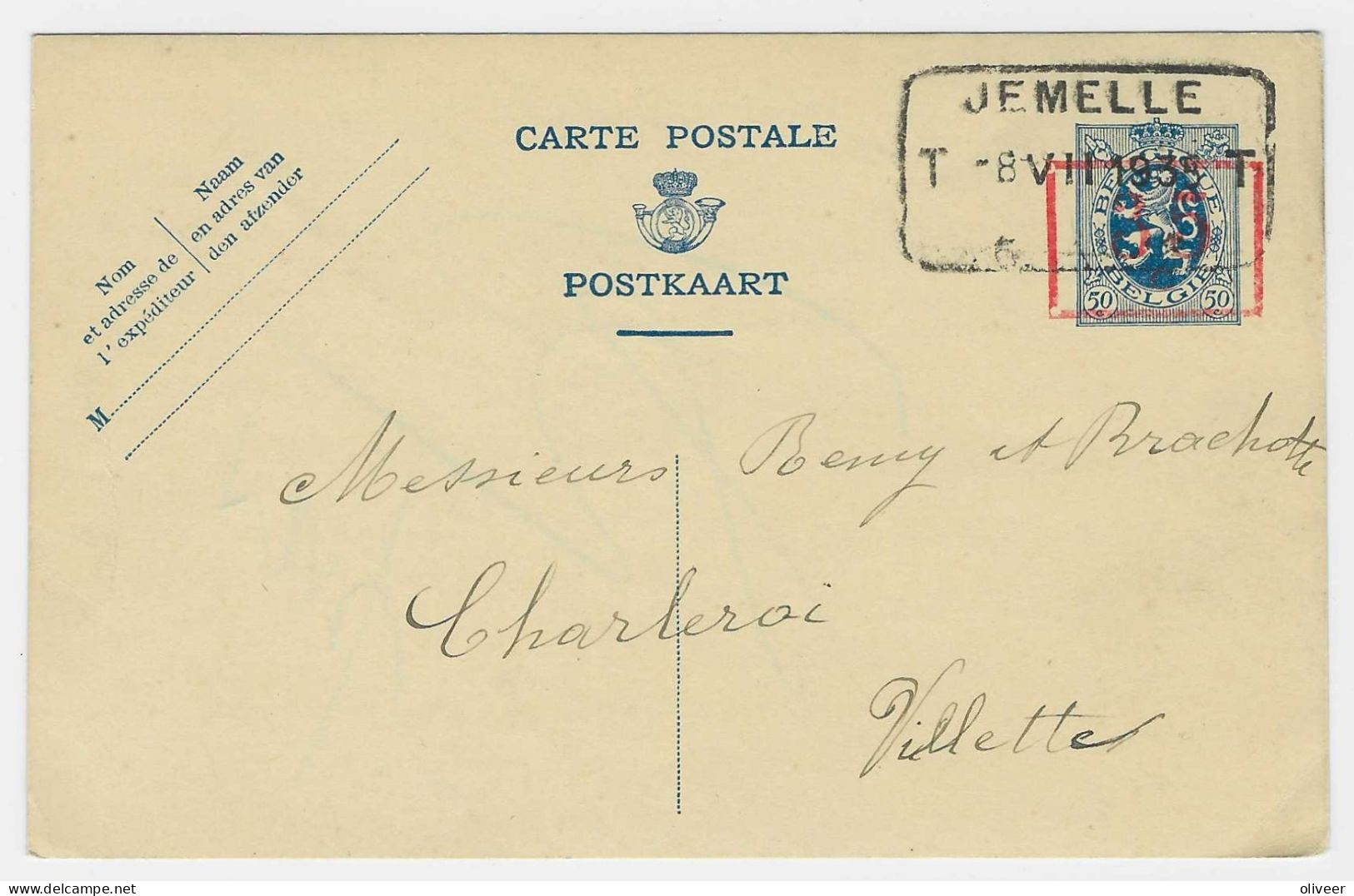 Gele Briefkaart Van JEMELLE Naar Charleroi - 1935 - Altri & Non Classificati