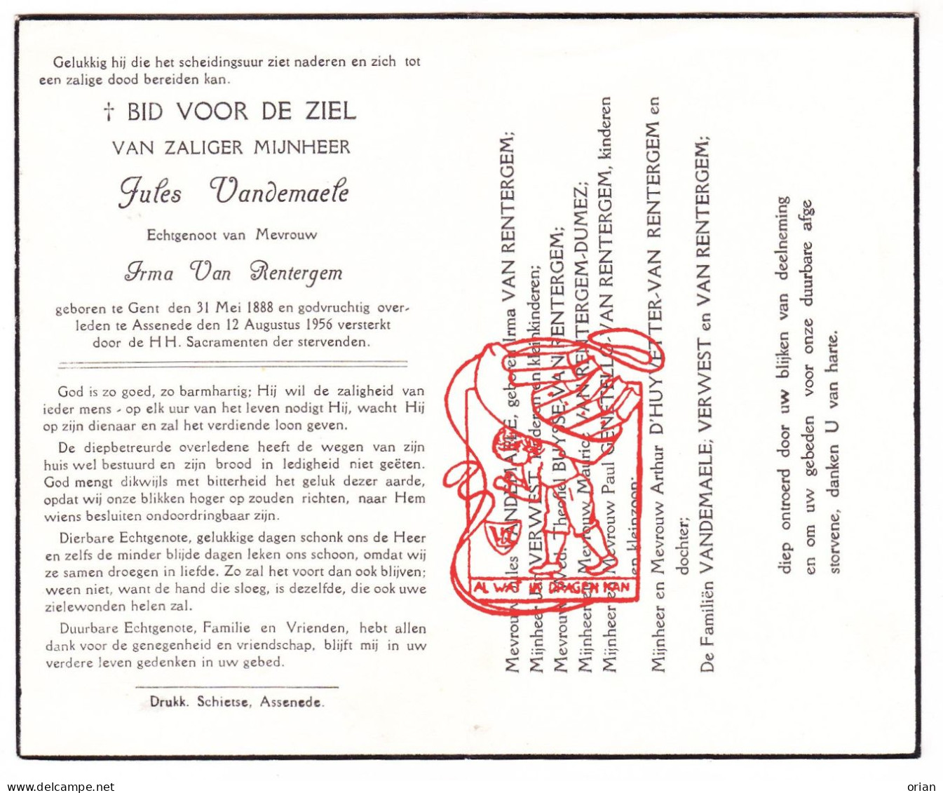 DP Jules Vandemaele ° Gent 1888 † Assenede 1956 X Irma Van Rentergem // Verwest Buysse Dumez Genetello D'Huyvetter - Devotieprenten