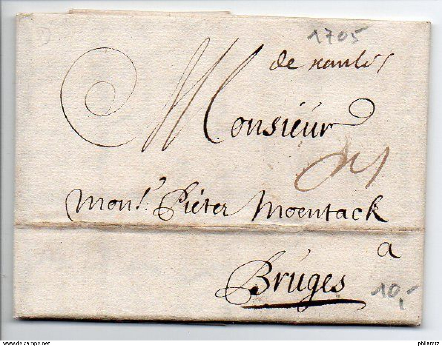 Marque Manuscrite 'De Nantes' Sur Lettre De 1705 Pour Bruges - 1701-1800: Precursori XVIII