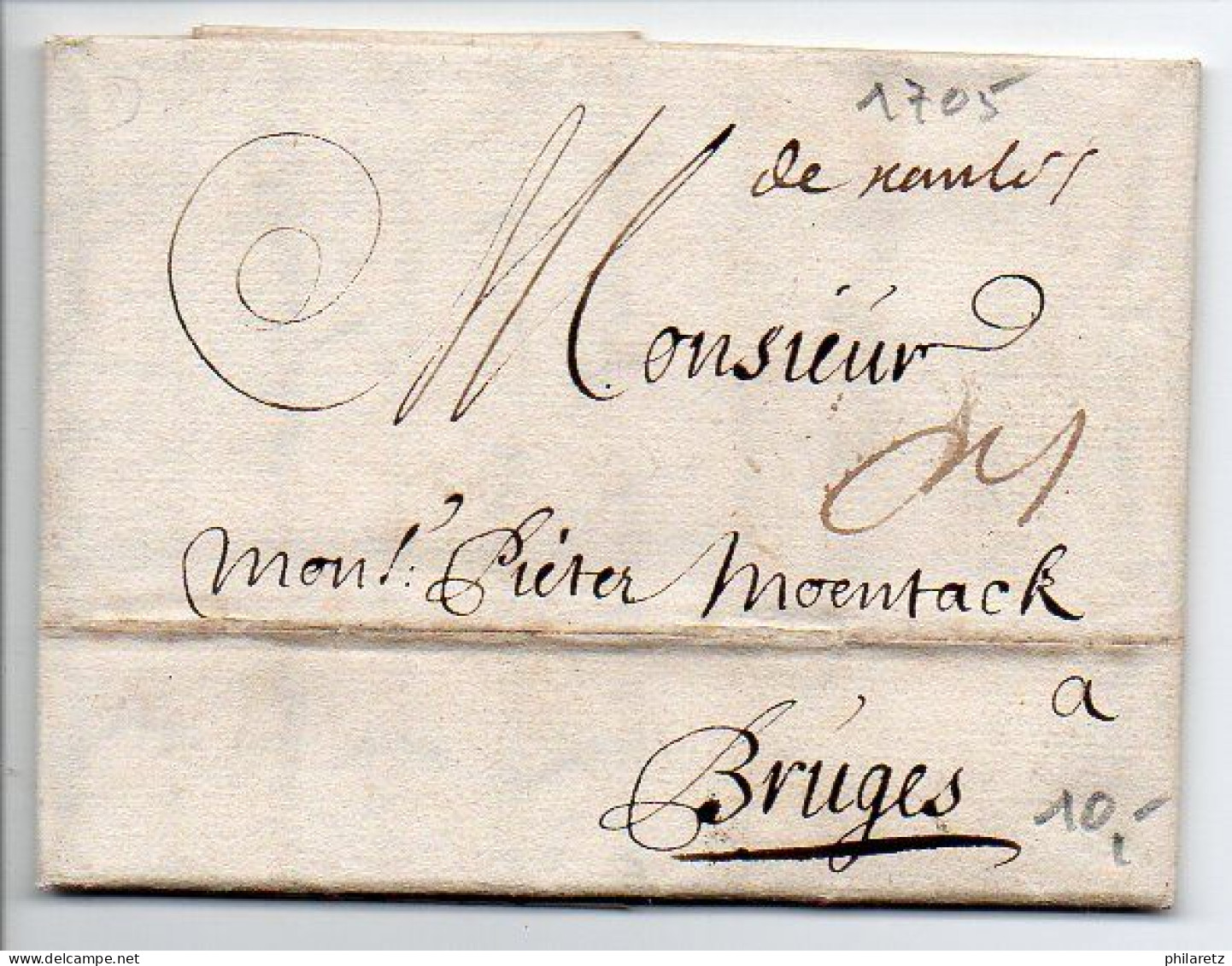 Marque Manuscrite 'De Nantes' Sur Lettre De 1705 Pour Bruges - 1701-1800: Vorläufer XVIII