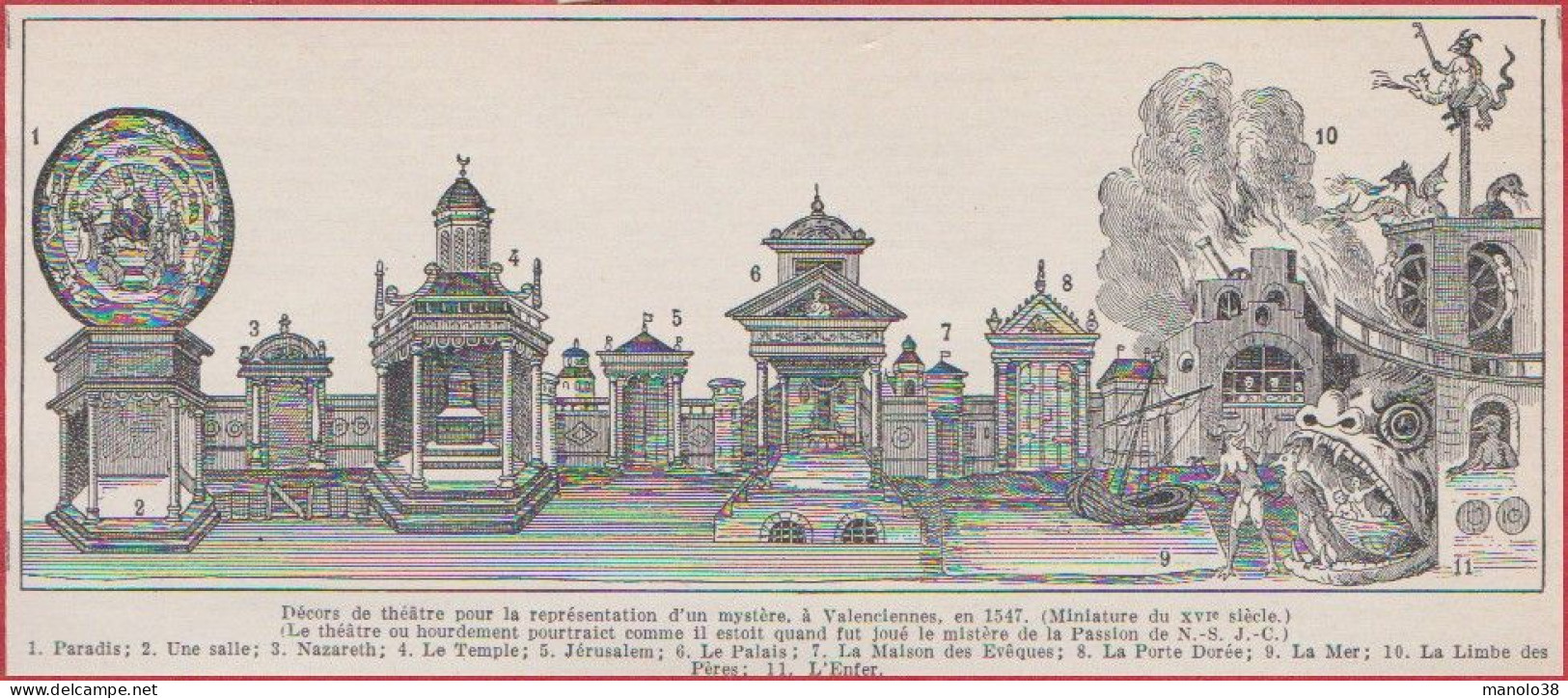 Décors De Théâtre Pour La Représentation D'un Mystère, à Valenciennes En 1547... Larousse 1948. - Historische Dokumente