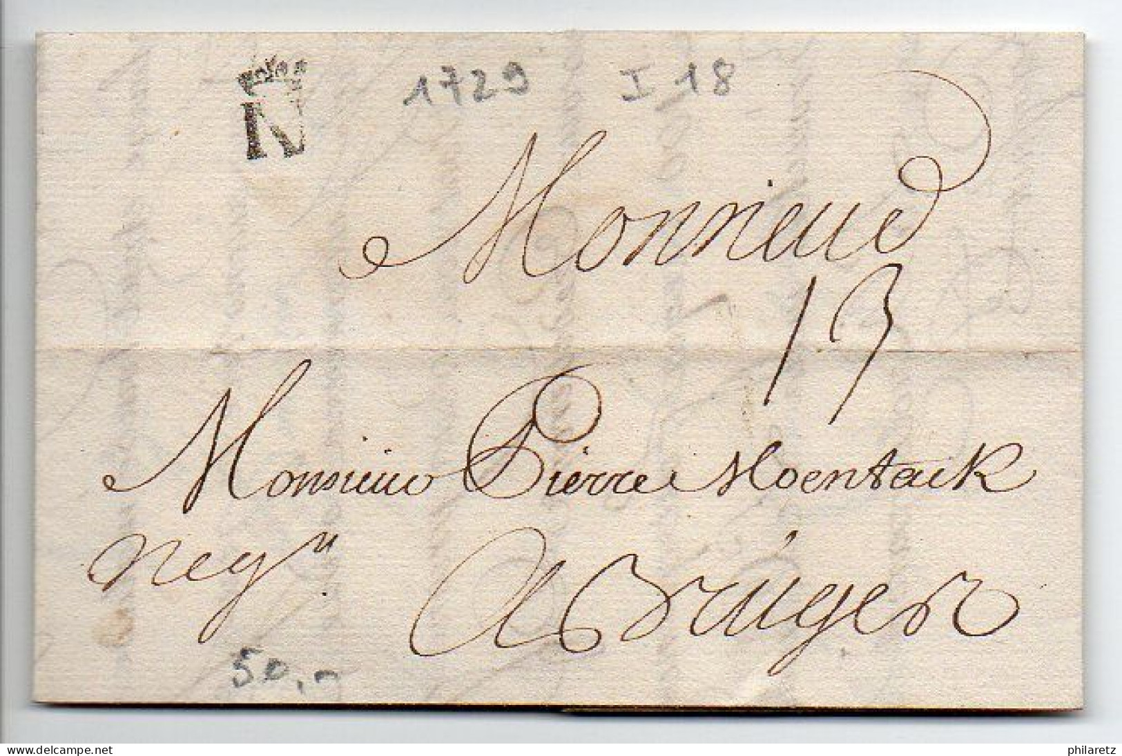 Marque 'N Couronné' (belle Frappe) Sur Lettre De 1729 De Nantes Pour Bruges - 1701-1800: Precursori XVIII