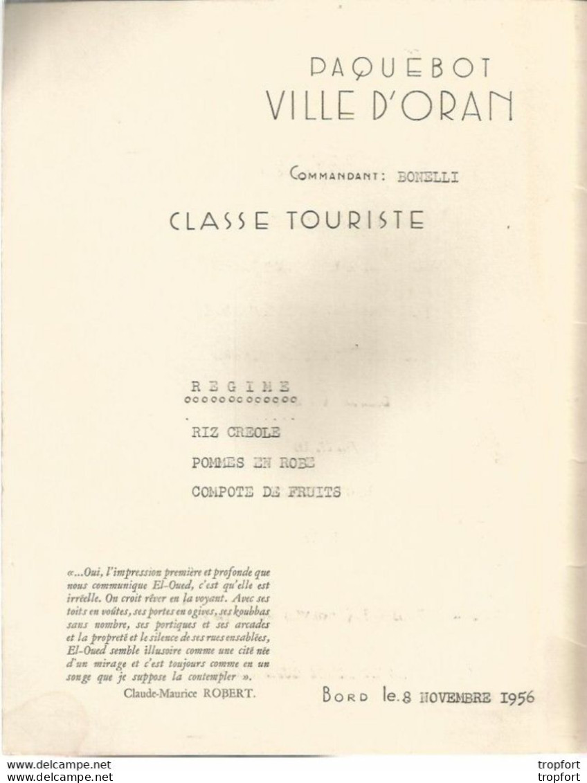 PP / MENU Transatlantique EL OUED ALGER TUNIS ORAN Paquebot Ville D'ORAN 1956 MENU - Menú