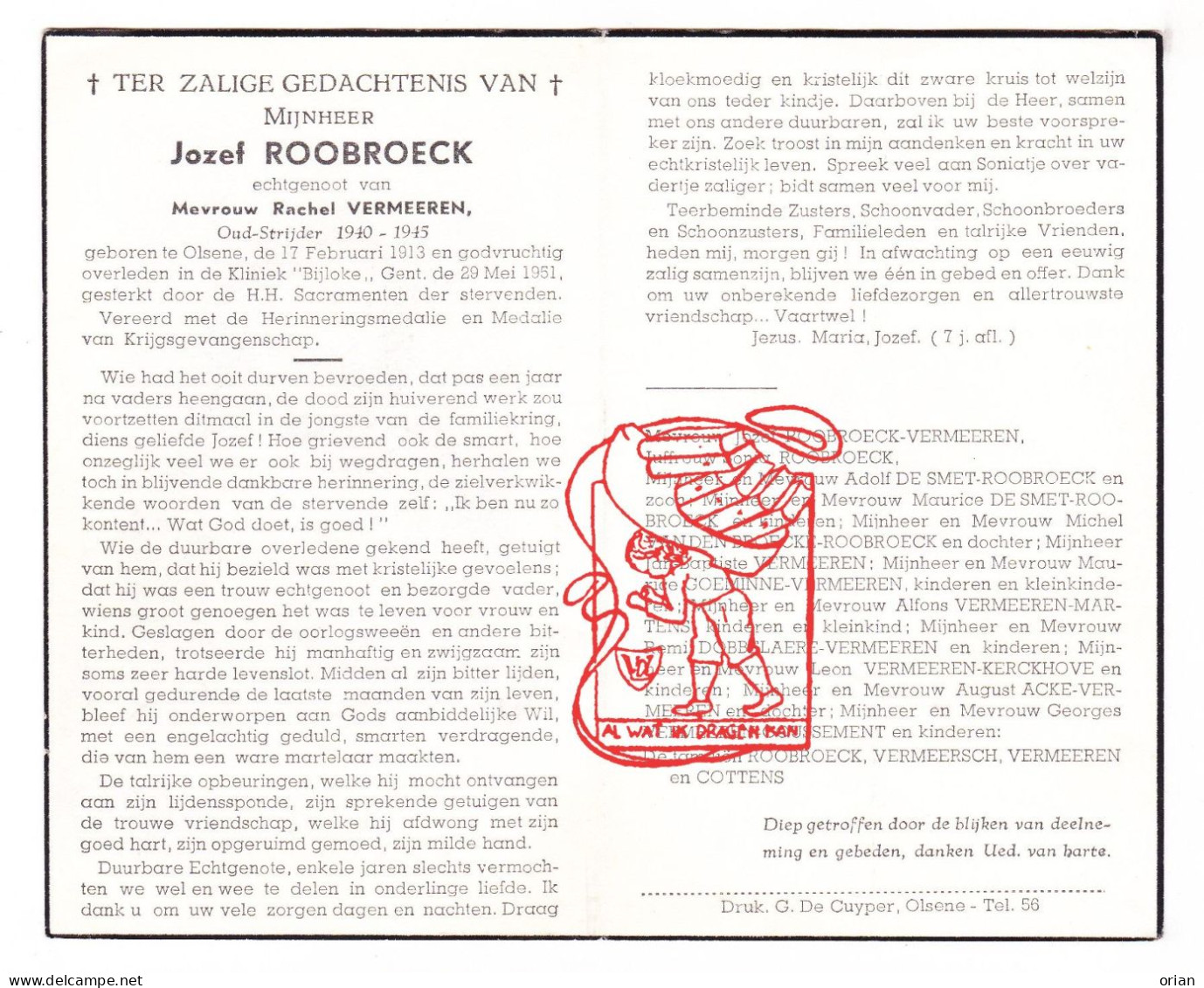 DP Jozef Roobroeck 38j. ° Olsene Zulte 1913 † Gent 1951 X Rachel Vermeeren // Goeminne Martens Dobbelaere Acke Cottens - Imágenes Religiosas