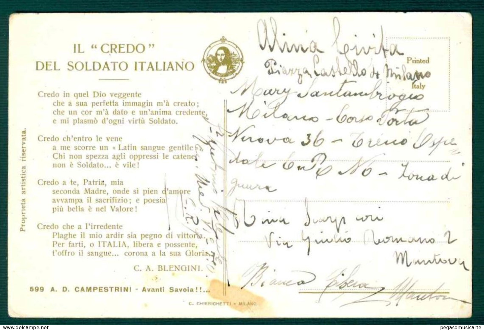 BF043 BERSAGLIERI - AVANTI SAVOIA - IL CREDO DEL SOLDATO ITALIANO - ILLUSTRATORE CAMPESTRINI 1910 CIRCA - Regiments