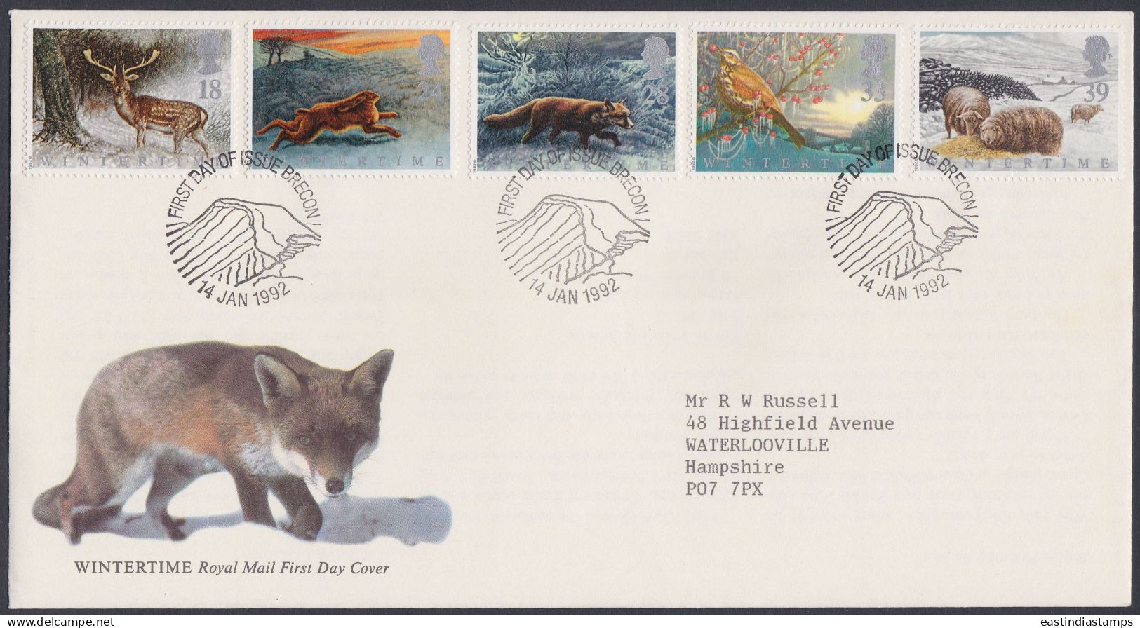 GB Great Britain 1992 FDC WIntertime, Fox, Rabbit, Deer, Bird, Sheep, Birds, Pictorial Postmark, First Day Cover - Cartas & Documentos