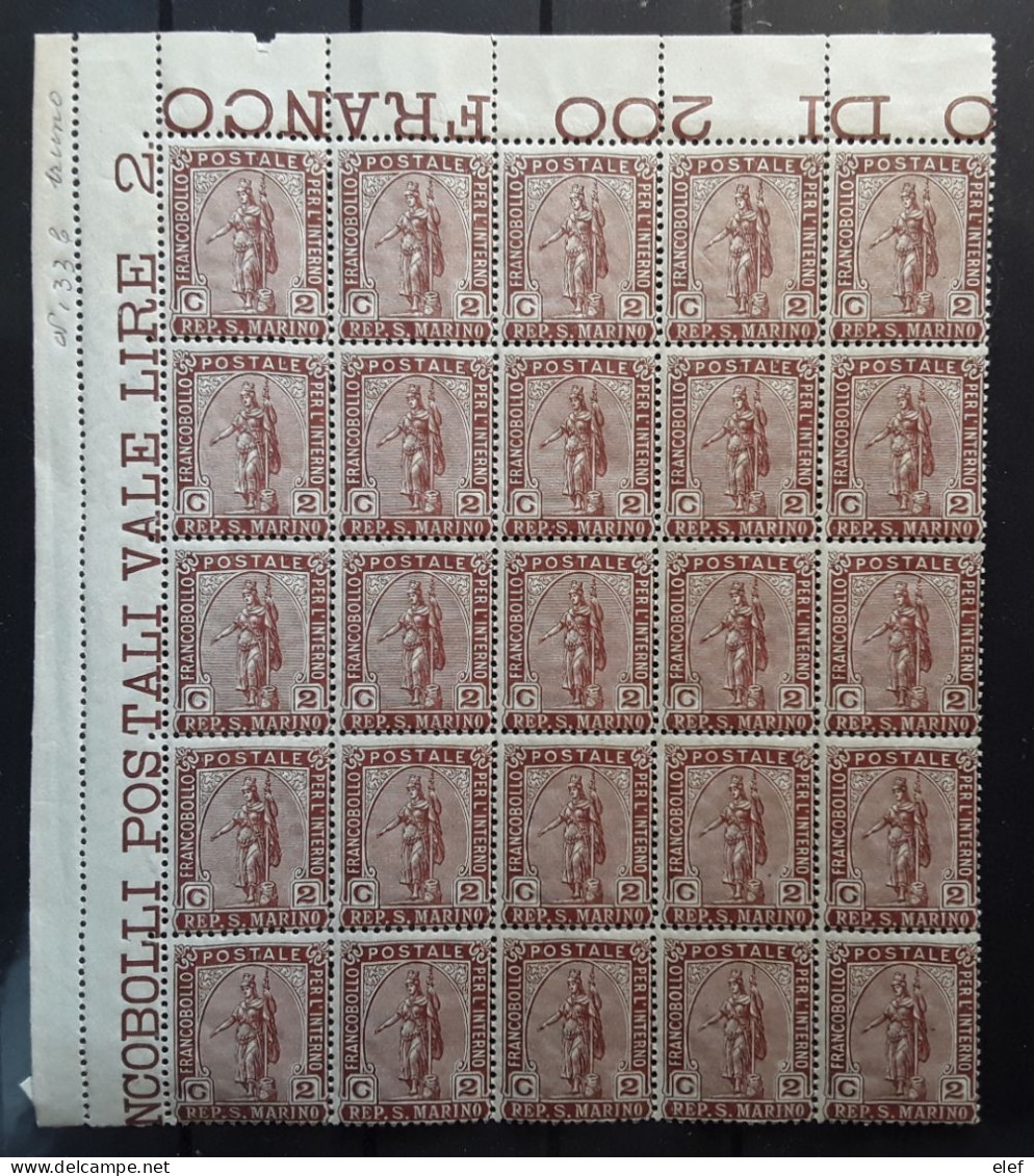 SAN MARINO SAINT MARIN 1899 Yvert 32, BLOC DE 25 Du 2 C Brun Statue De La Liberté , Neuf ** MNH TTB RARE - Unused Stamps