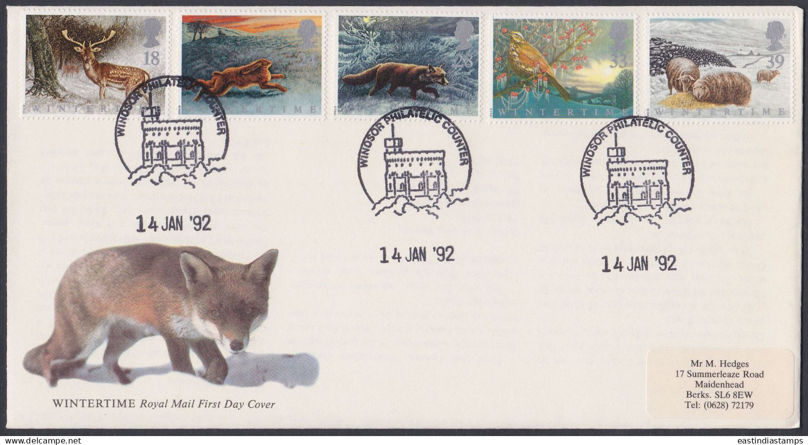 GB Great Britain 1992 FDC WIntertime, Fox, Rabbit, Deer, Bird, Sheep, Birds, Pictorial Postmark, First Day Cover - Storia Postale