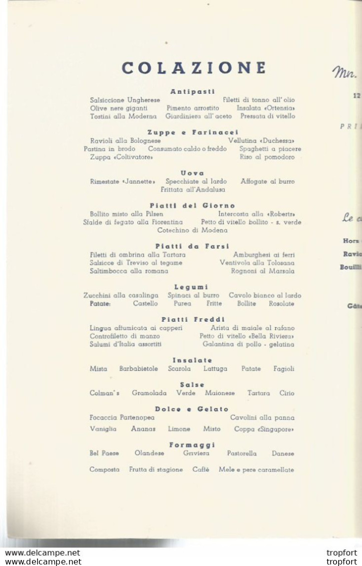 JJ / MENU Feuillet BATEAU SAN MARCO VENEZIA VENDANGES Déjeuner 1959 Première CLASSE - Menükarten