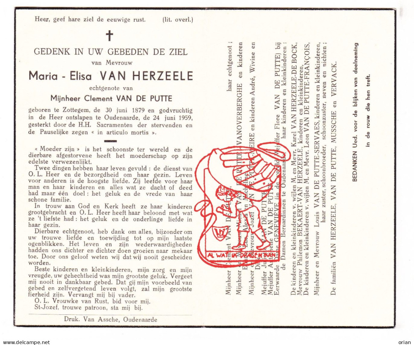 DP Maria Van Herzele ° Zottegem 1879 † Oudenaarde 1959 Vandeputte Vanoverberghe Meire Bekaert Servaes Mussche Vervack - Imágenes Religiosas