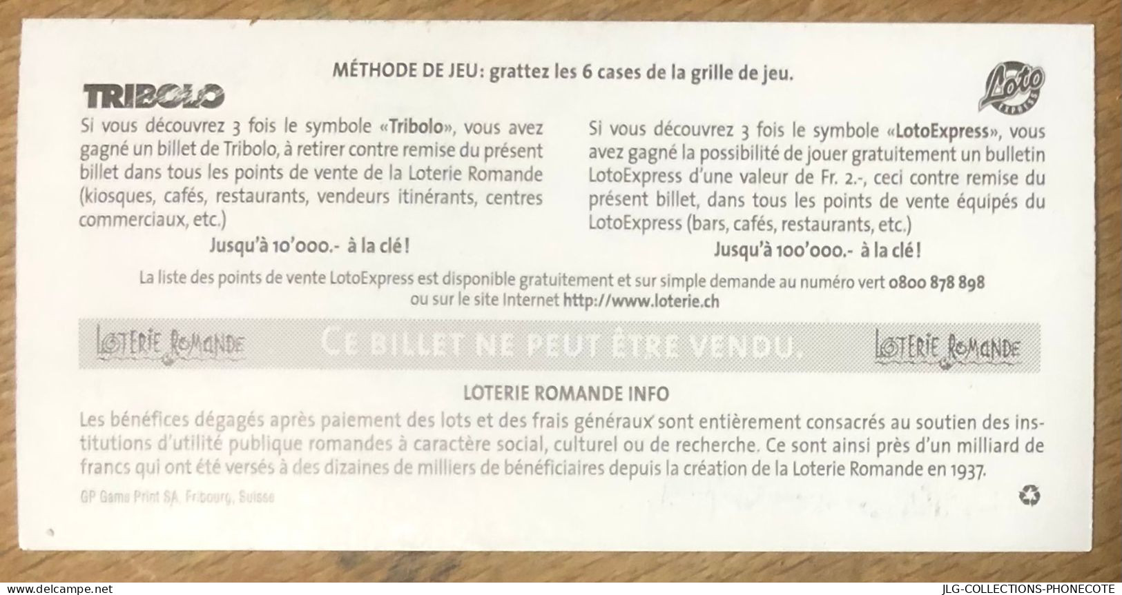 SUISSE LOTERIE ROMANDE BILLET TICKET DE JEUX GRATTOS DU DÉBUT DES ANNÉES 2000 PAS FDJ PAPIER MONNAIE - Loterijbiljetten