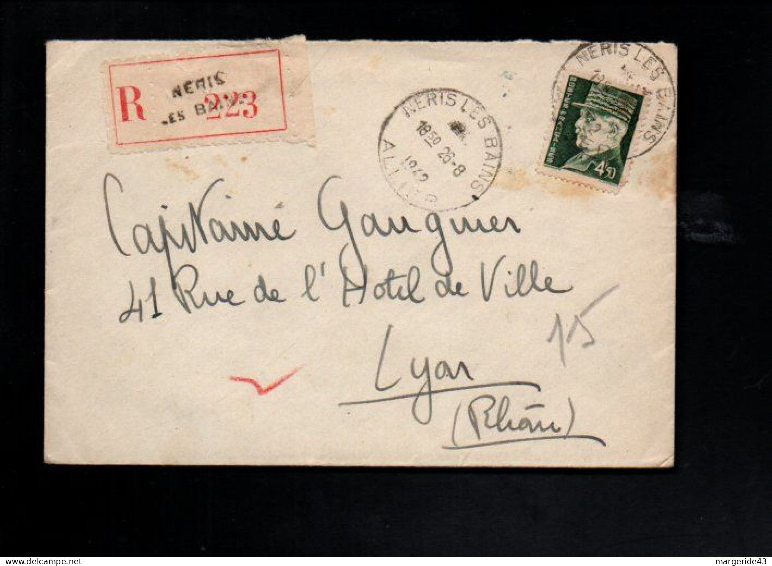 PETAIN SUR LETTRE RECOMMANDEE DE NERIS LES BAINS 1942 - Bahnpost