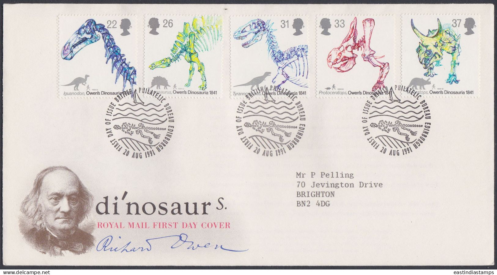 GB Great Britain 1991 FDC Dinosaurs, Dinosaur, Richard Owen, Fossil, Pictorial Postmark, First Day Cover - Cartas & Documentos