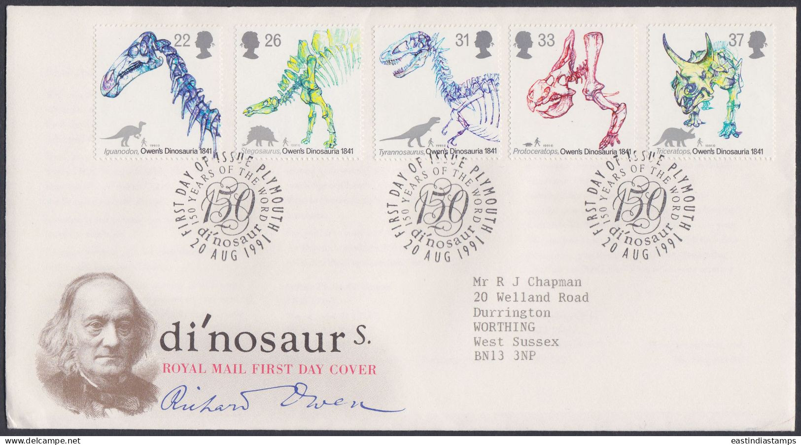 GB Great Britain 1991 FDC Dinosaurs, Dinosaur, Richard Owen, Fossil, Pictorial Postmark, First Day Cover - Briefe U. Dokumente