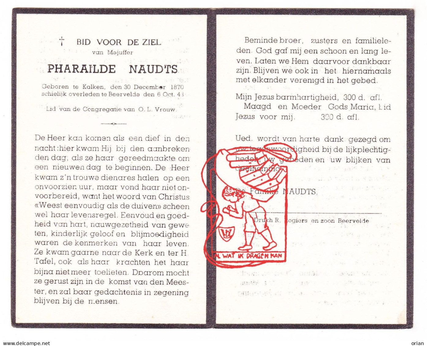 DP Juff. Pharailde Naudts ° Kalken Laarne 1870 † Beervelde Lochristi 1943 - Images Religieuses