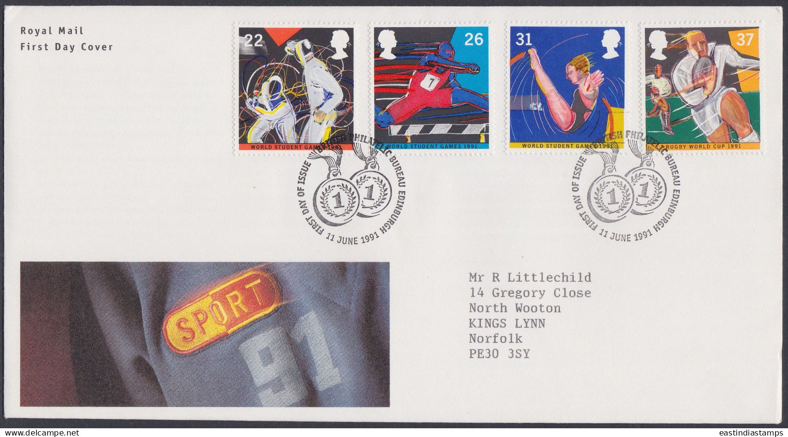 GB Great Britain 1991 FDC Sport, Sports, Fencing, Rugby, Gymnastics, Hurdle Race, Pictorial Postmark, First Day Cover - Lettres & Documents