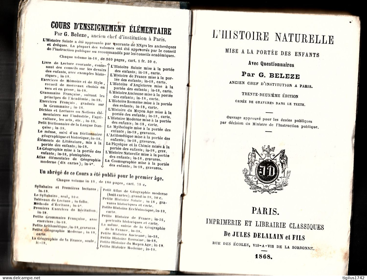 G. Beleze. L’histoire Naturelle à La Portée Des Enfants, Jules Delalain Et Fils, éd., 1868 - 1801-1900