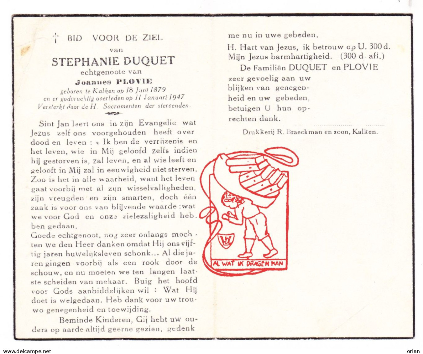 DP Stephanie Duquet ° Kalken Laarne 1879 † 1947 X Joannes Plovie - Images Religieuses