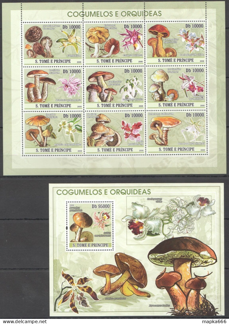 O0057 2008 Sao Tome & Principe Mushrooms & Orchids Kb+Bl Mnh - Mushrooms