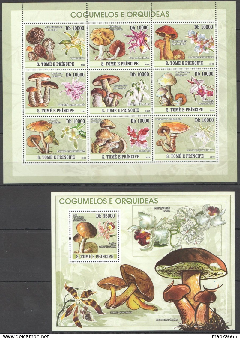 O0057 2008 Sao Tome & Principe Mushrooms & Orchids Kb+Bl Mnh - Funghi