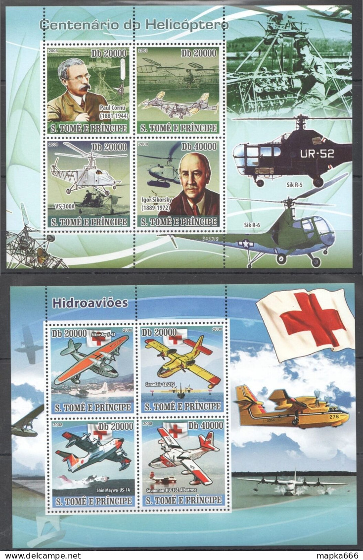 O0053 2008 S. Tome & Principe Transport Aviation Helicopters Sea Planes 2Kb Mnh - Aerei