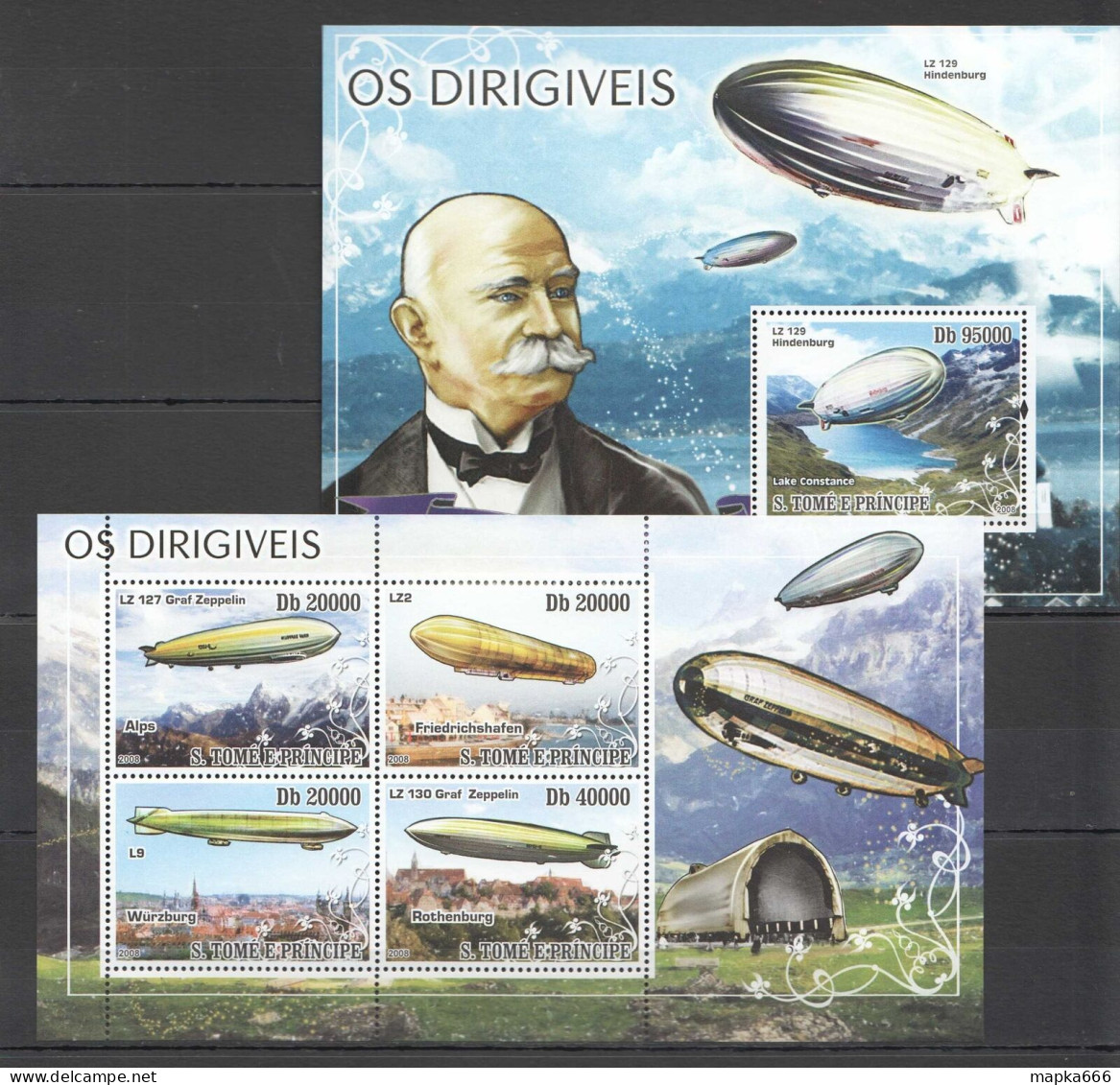 O0052 2008 S. Tome & Principe Transport Aviation Dirigibles Zeppelin Bl+Kb Mnh - Aerei