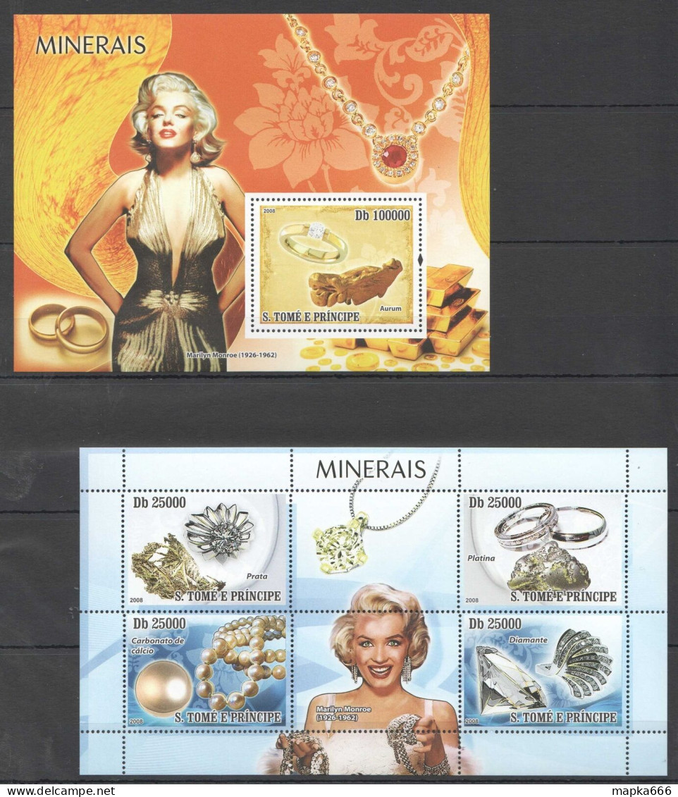 O0048 2008 S. Tome & Principe Nature Minerals Marilyn Monroe Diamonds Kb+Bl Mnh - Mineralien