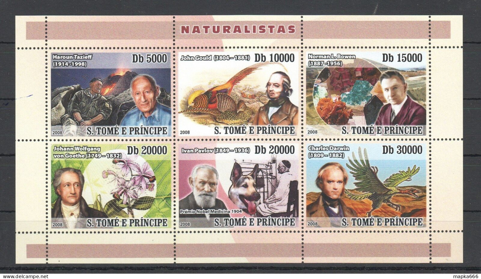 O0046 2008 Sao Tome & Principe Naturalists Darwin Tazieff Dinosaurs Fauna Kb Mnh - Préhistoriques