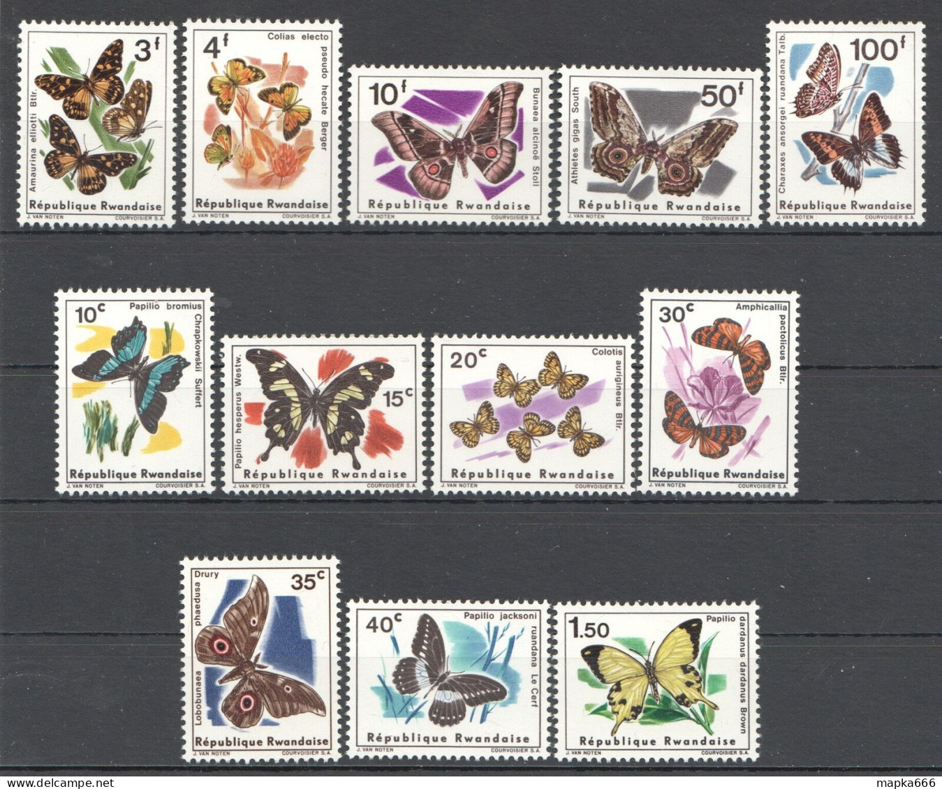 Ft148 1965-66 Rwanda Butterflies #119-24,147-52 Michel 21 Euro 2Set Mnh - Vlinders