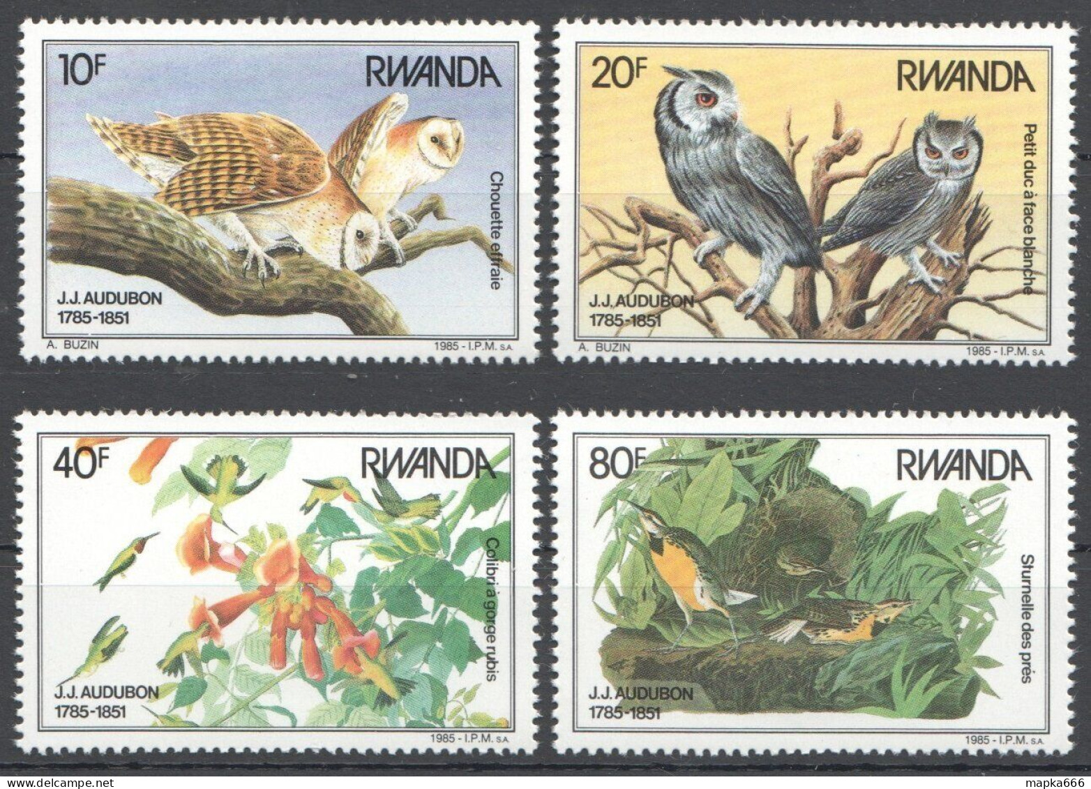 Ft138 1985 Rwanda Fauna Birds J. J. Audubon #1310-13 1Set Mnh - Sonstige & Ohne Zuordnung