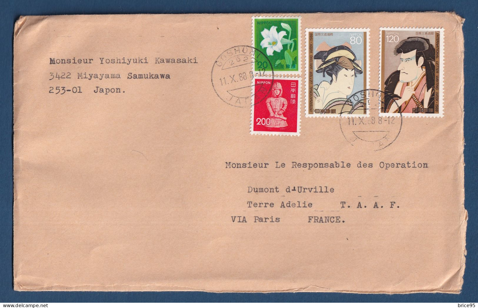 Japon - Sur Lettre - Monsieur Le Responsable Des Opérations - Dumont D'Urville - Terre Adélie - TAAF - 1988 - Estaciones Científicas