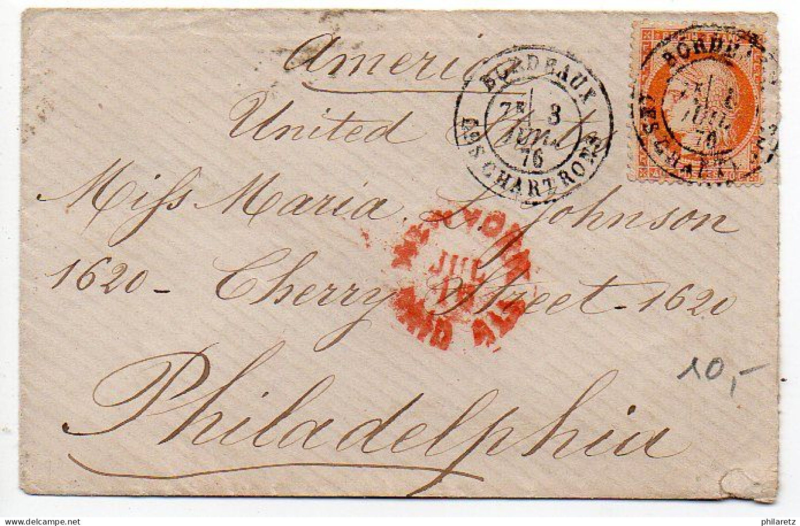 N° 38 (Cérès) Sur Lettre De 1876 Pour Les Etats-Unis - 1849-1876: Periodo Clásico