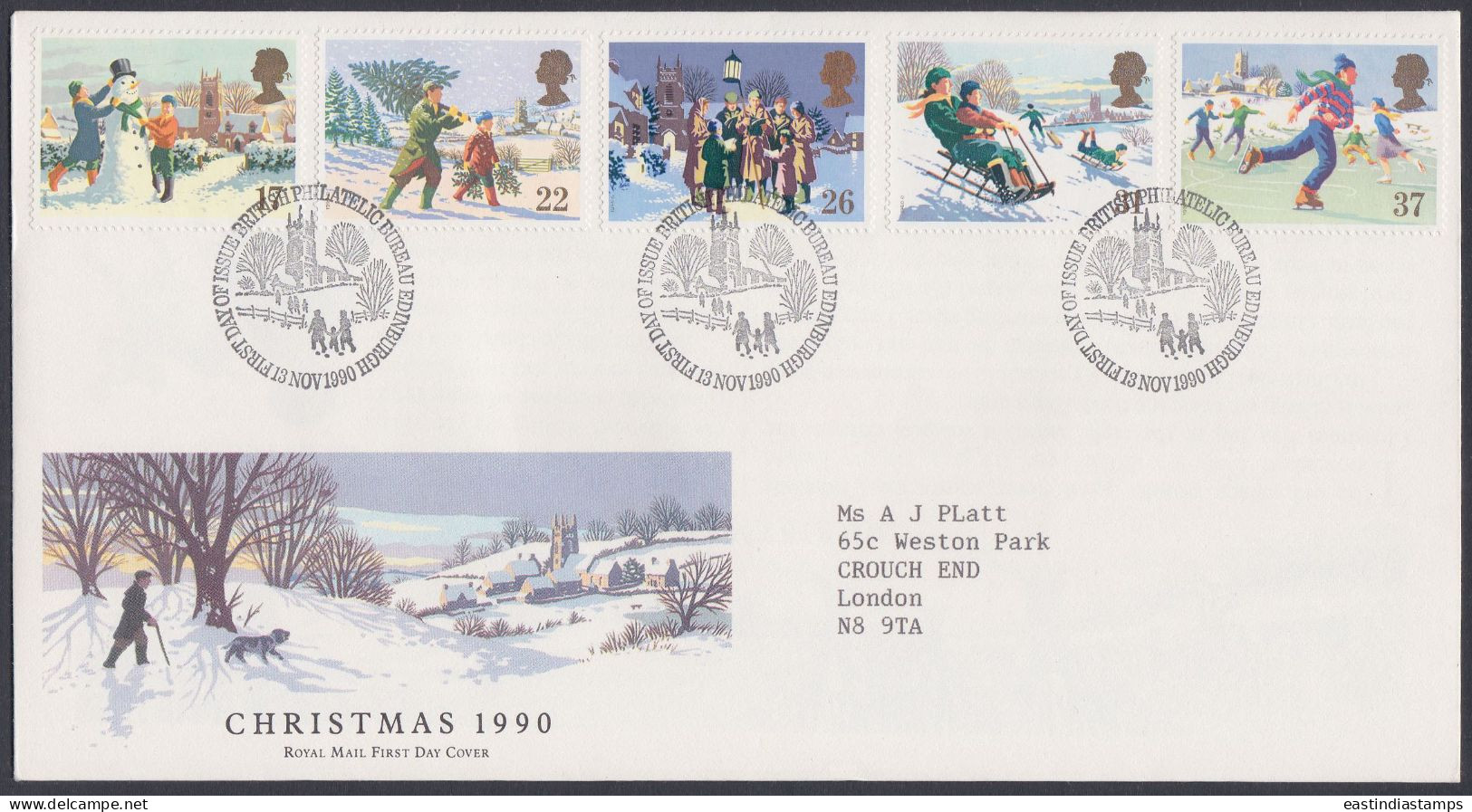 GB Great Britain 1990 FDC Christmas, Christianity, Sledding, Snow Religion, Snowman, Pictorial Postmark, First Day Cover - Storia Postale