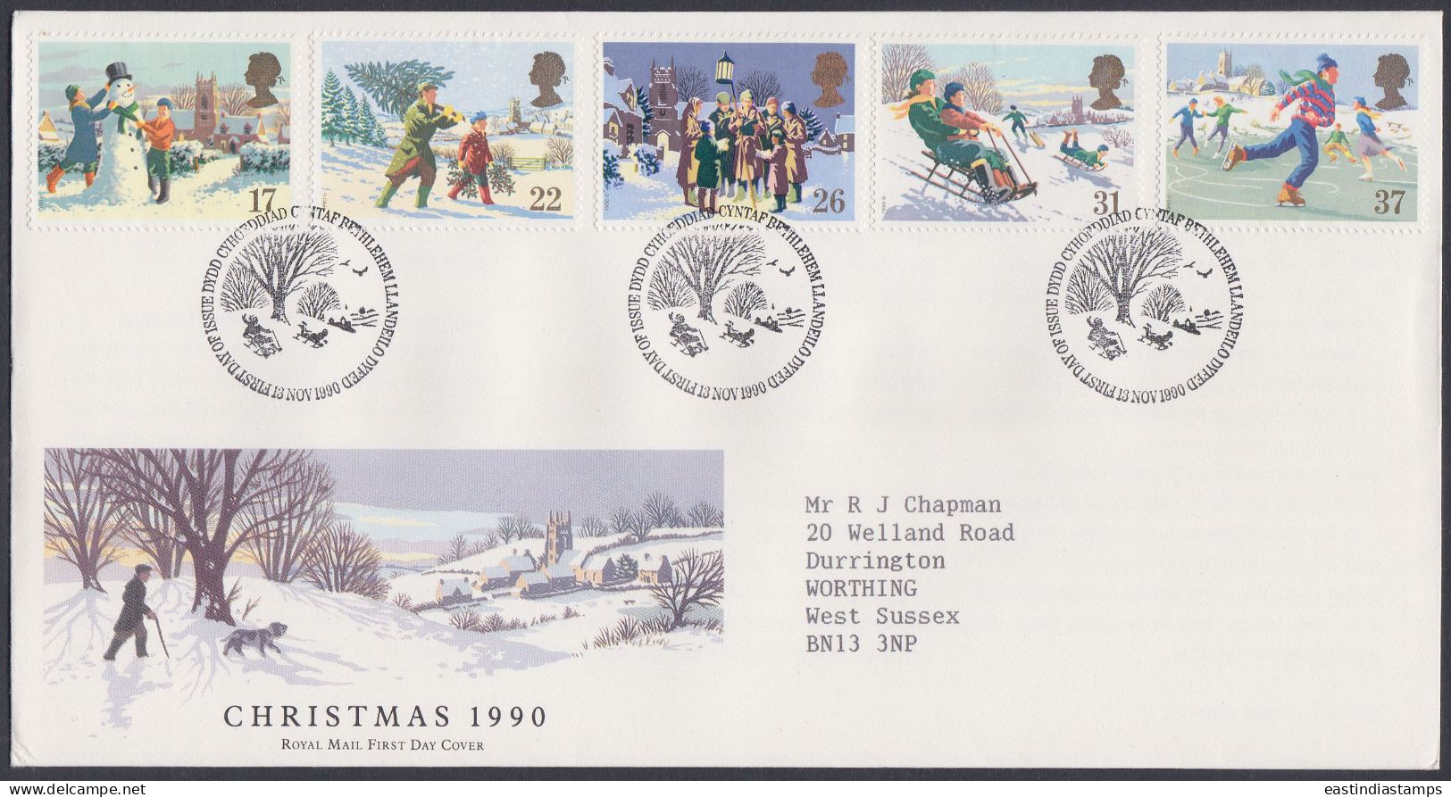 GB Great Britain 1990 FDC Christmas, Christianity, Sledding, Snow Religion, Snowman, Pictorial Postmark, First Day Cover - Storia Postale