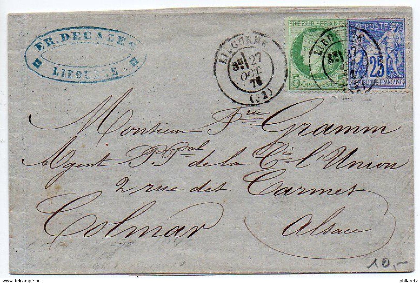 N° 53 (Cérès) + 25c Sage Sur Lettre De 1876 - 1849-1876: Periodo Clásico