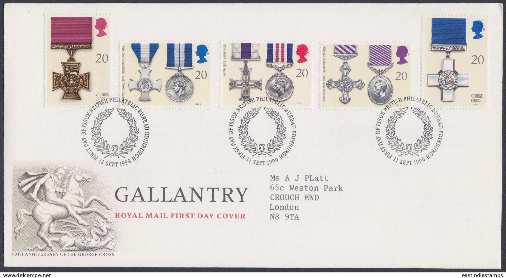 GB Great Britain 1990 FDC Gallantry, Awards, Horse, Armed Forces, Military, Pictorial Postmark, First Day Cover - Brieven En Documenten