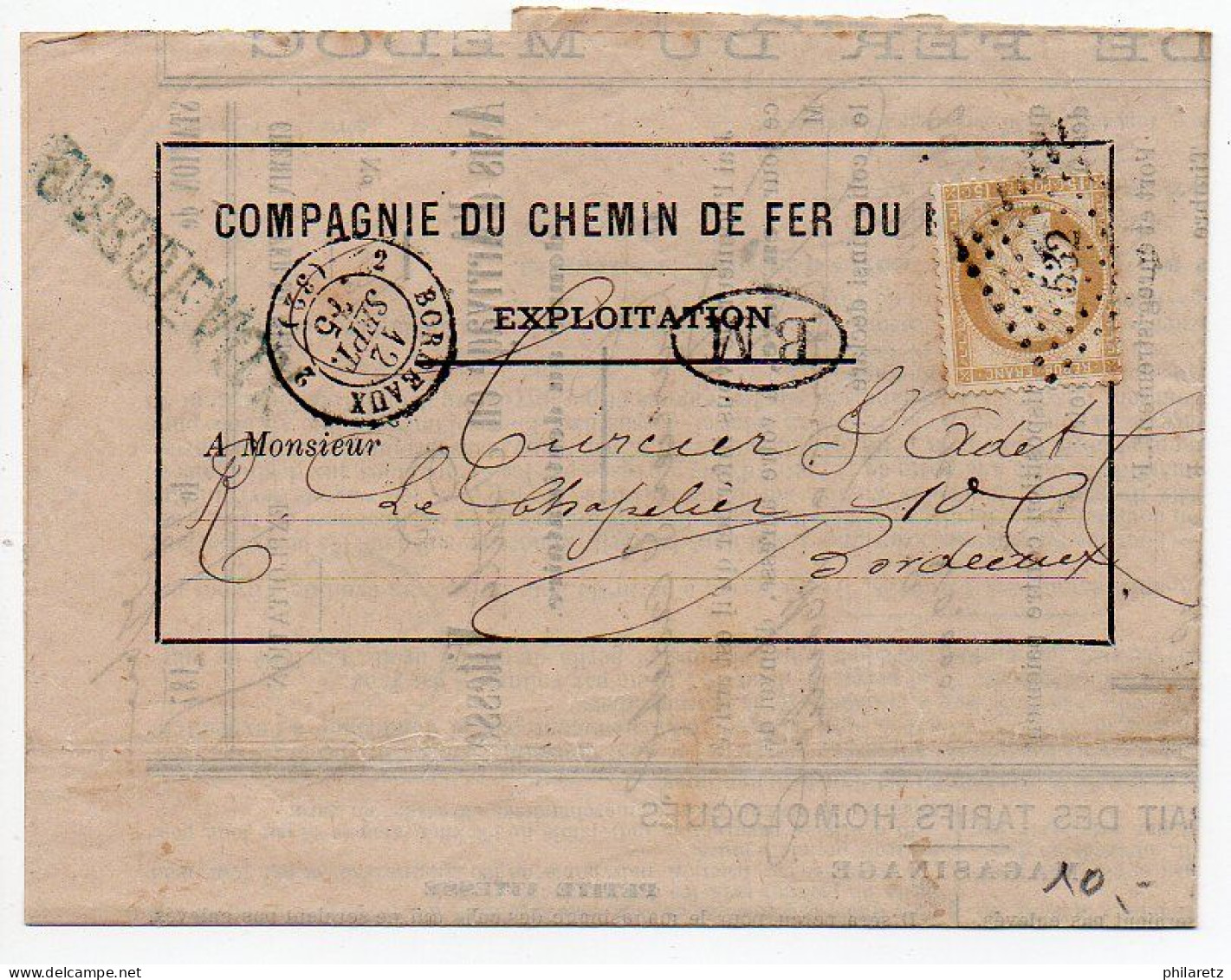 N° 55 (Cérès) Oblitéré PC Du GC 532 De Bordeaux + Cachet BM Sur Avis D'arrivée De Colis De 1875 - 1849-1876: Periodo Clásico