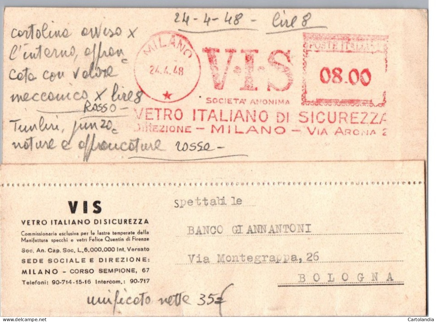 ITALIA 1948    -   Annullo Meccanico Rosso (EMA)  V.I.S VETRO ITALIANO DI SICUREZZA MILANO - Franking Machines (EMA)