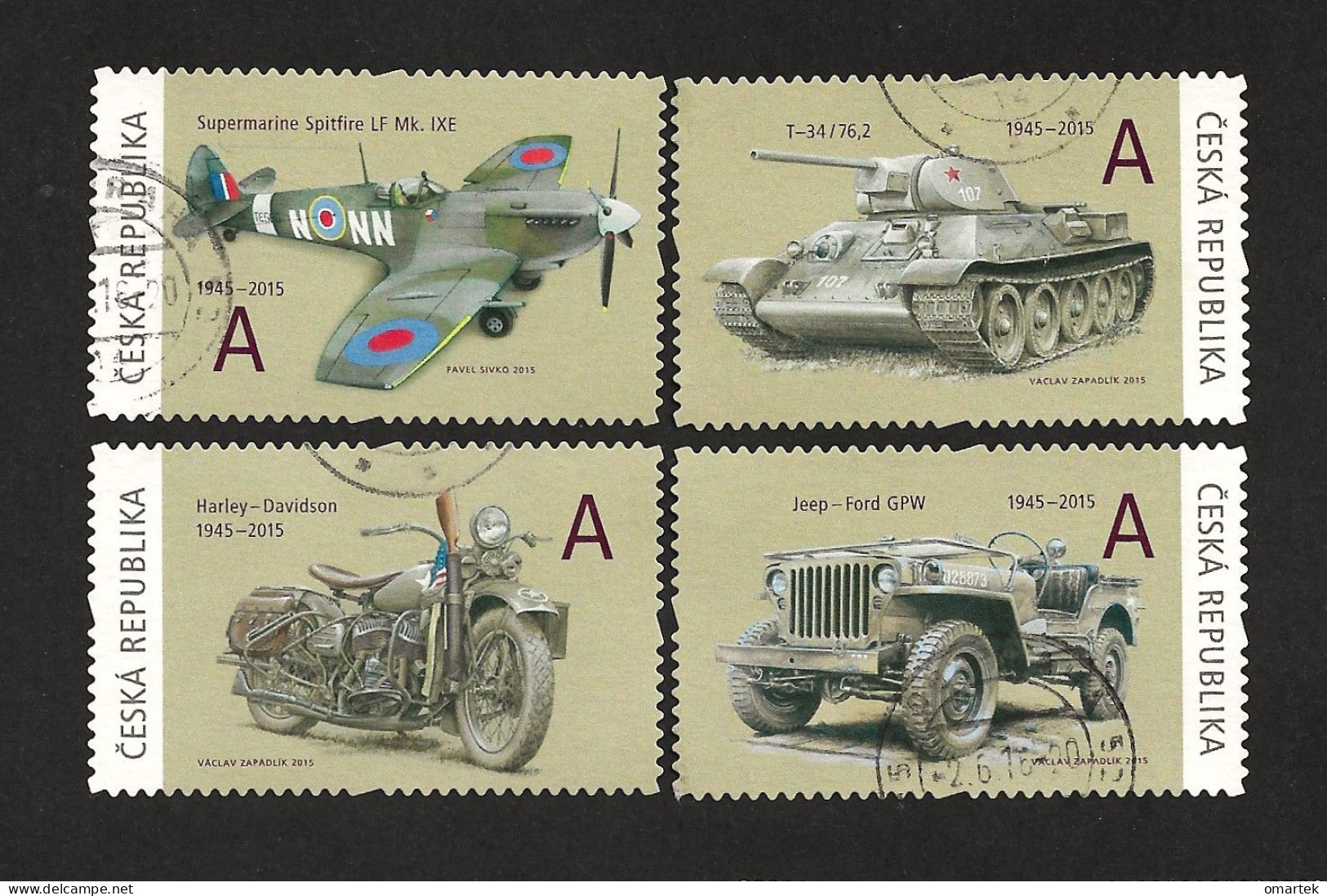 Czech Republic 2015 ⊙ Mi 831-834 Sc 3626-3629 Spitfire, Tank T34, Harley, Jeep. World War II. Tschechische Republik - Oblitérés