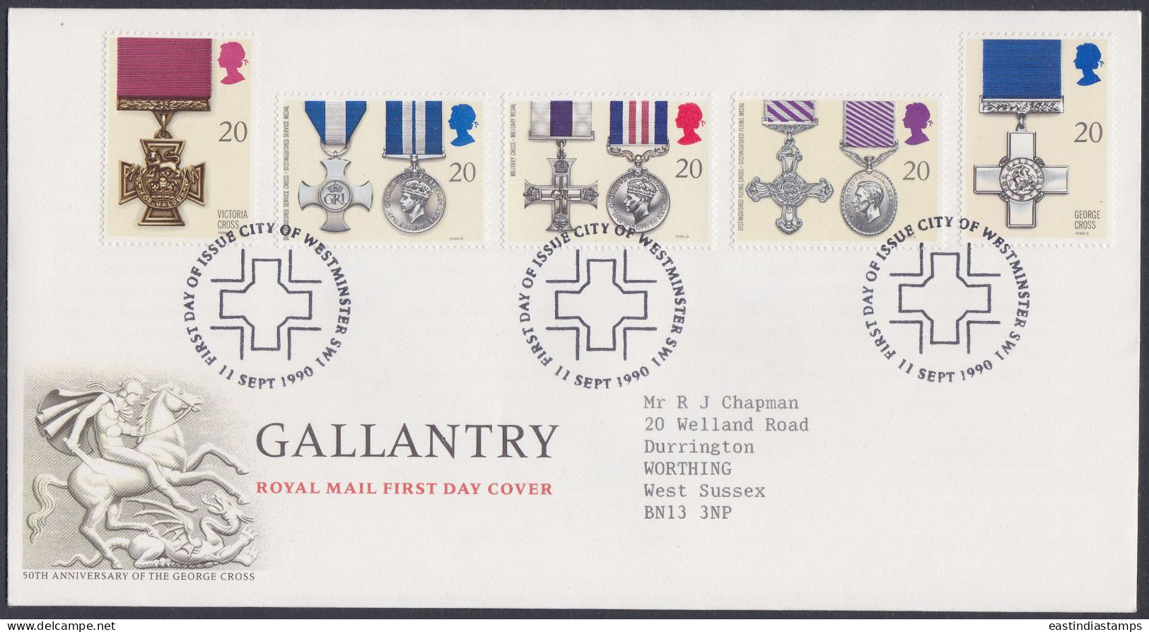 GB Great Britain 1990 FDC Gallantry, Awards, Horse, Armed Forces, Military, Pictorial Postmark, First Day Cover - Covers & Documents