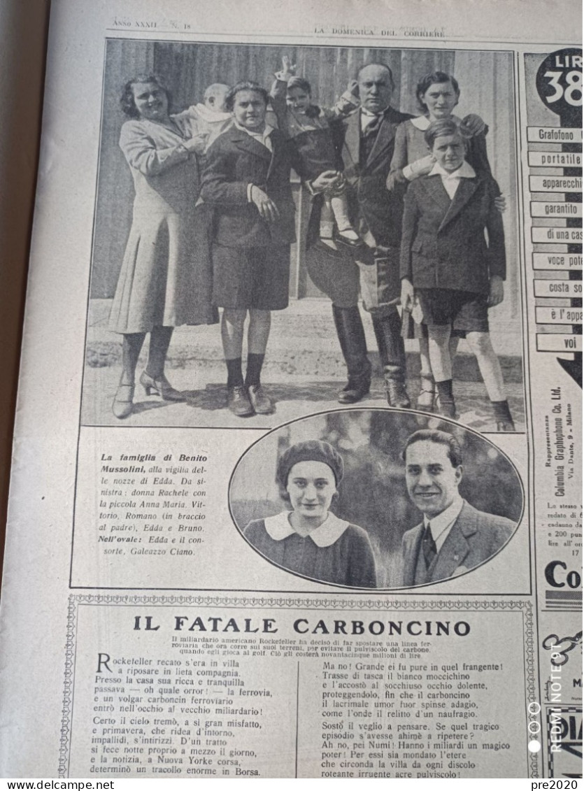DOMENICA DEL CORRIERE 1930 FAMIGLIA BENITO MUSSOLINI CAGLIARI LICATA LEONFORTE SOVERATO ARTICOLO DI TAZIO NUVOLARI - Autres & Non Classés
