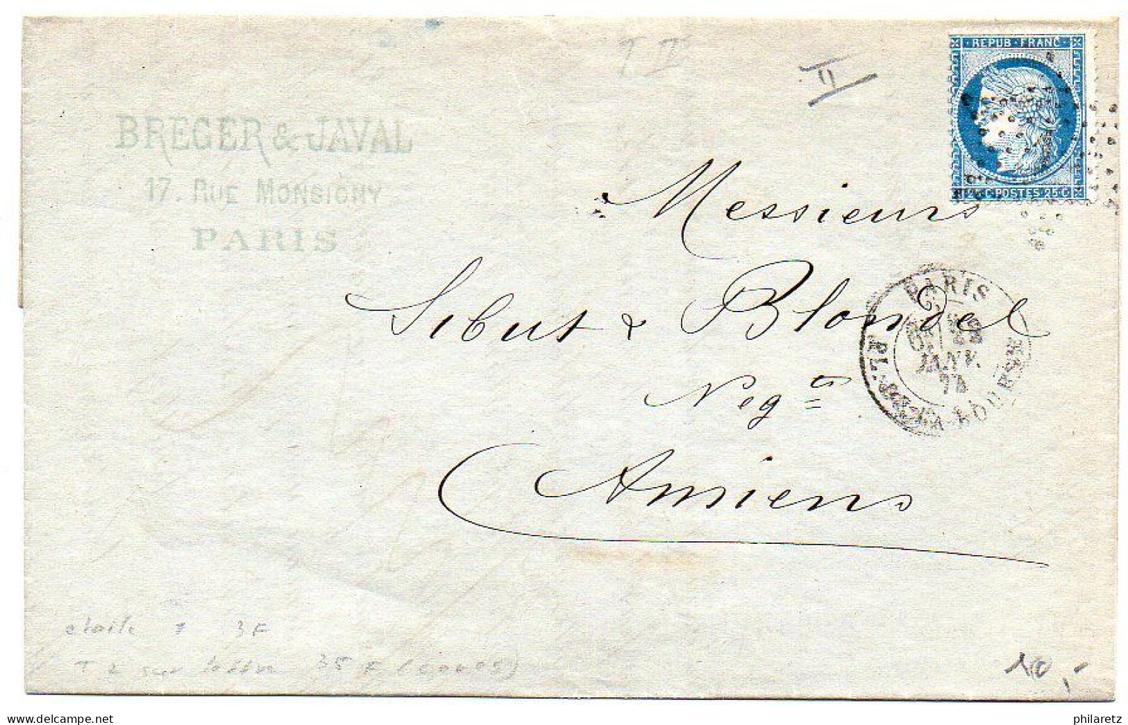 N° 60B (Cérès Type II) Sur Lettre De Paris De 1874 - 1849-1876: Klassik
