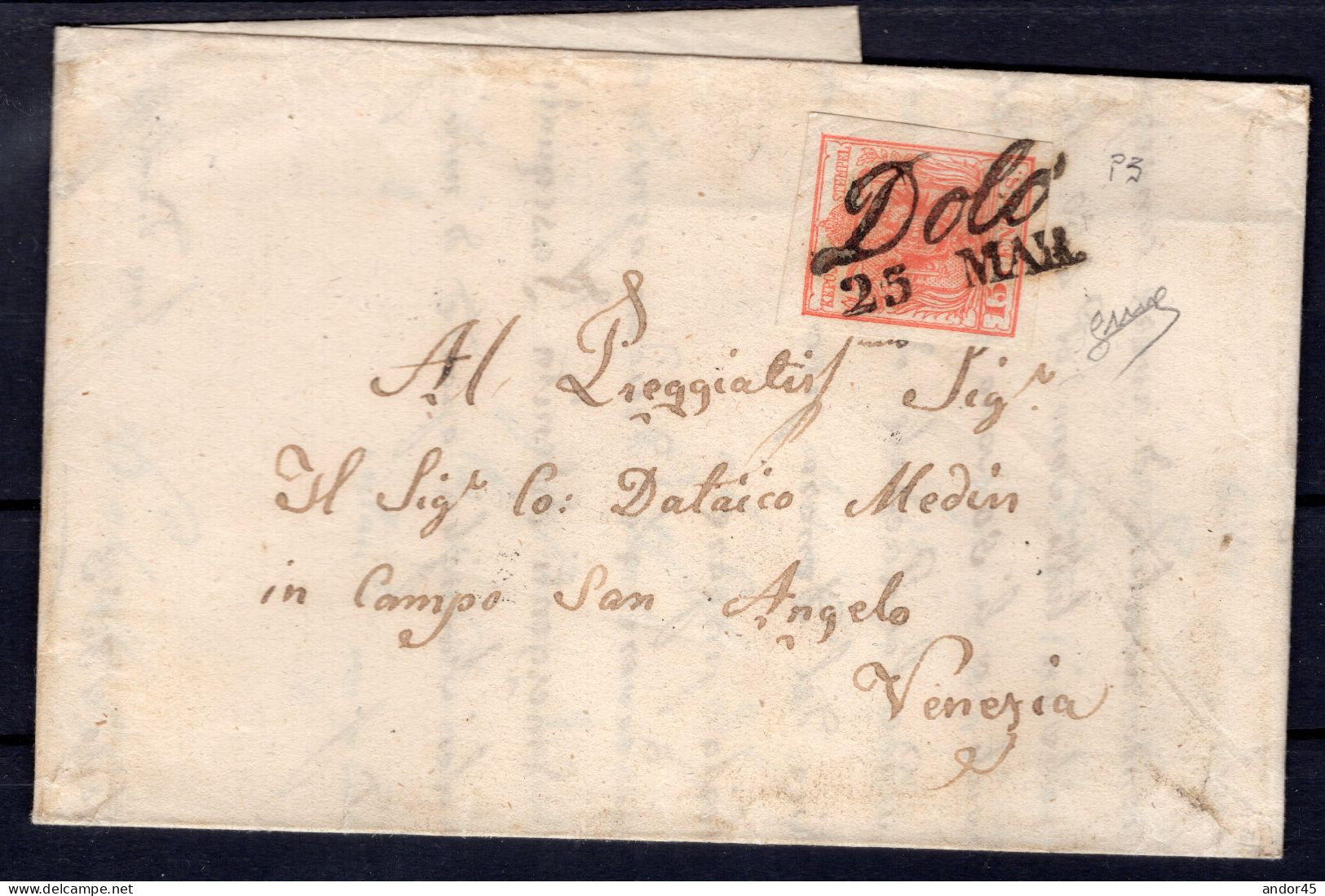 25  MAR 15C. III°TIPO SASS.6 CON OTTIMI MARGINI USATO CON ANNULLO DOLO  P3 SU PIEGO DI  LETTERA DA DOLO  X VENEZIA   FIR - Lombardy-Venetia