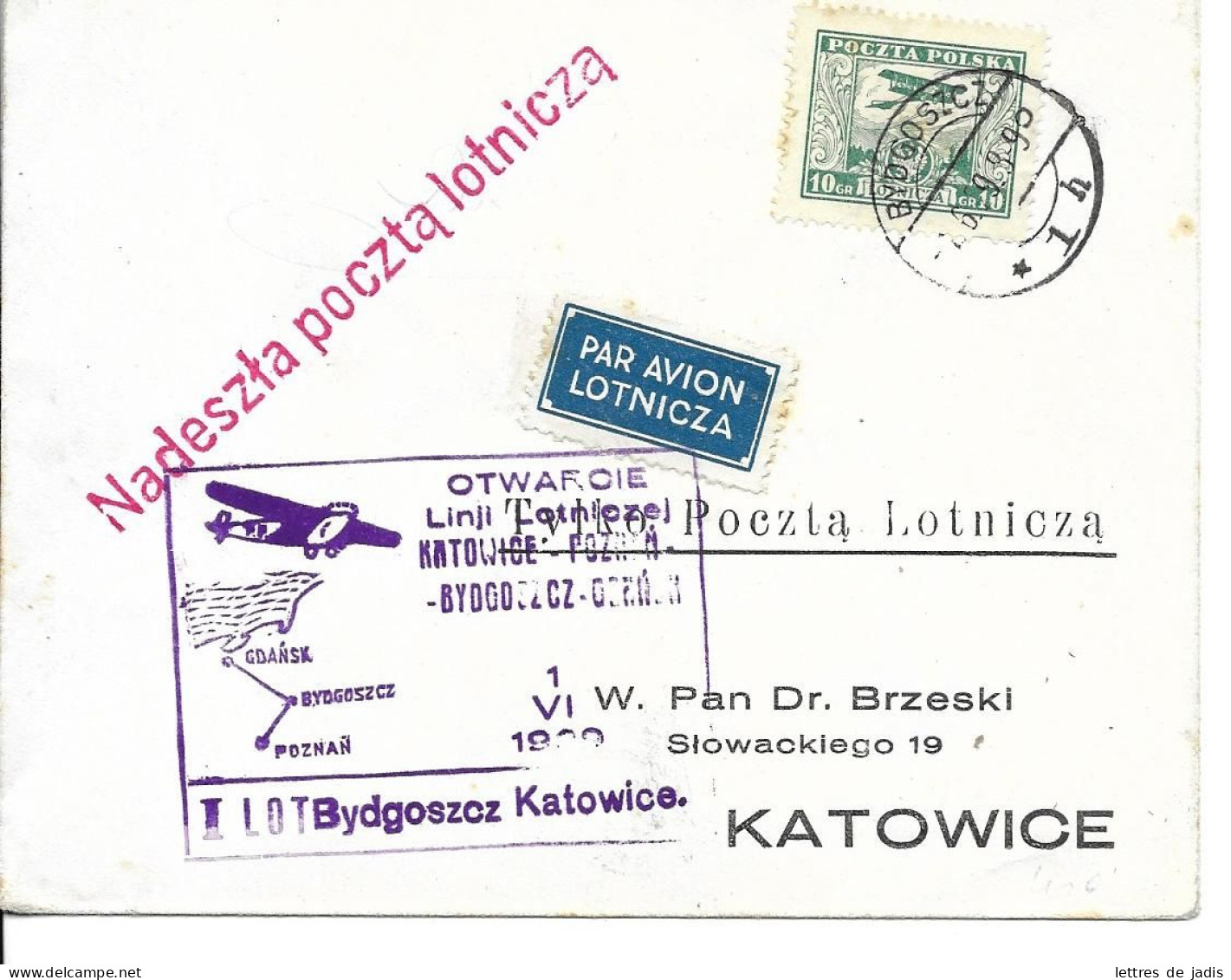 Env Cad BYDGOSZC 1/6/1929 Pour KATOWICE  TB - Avions