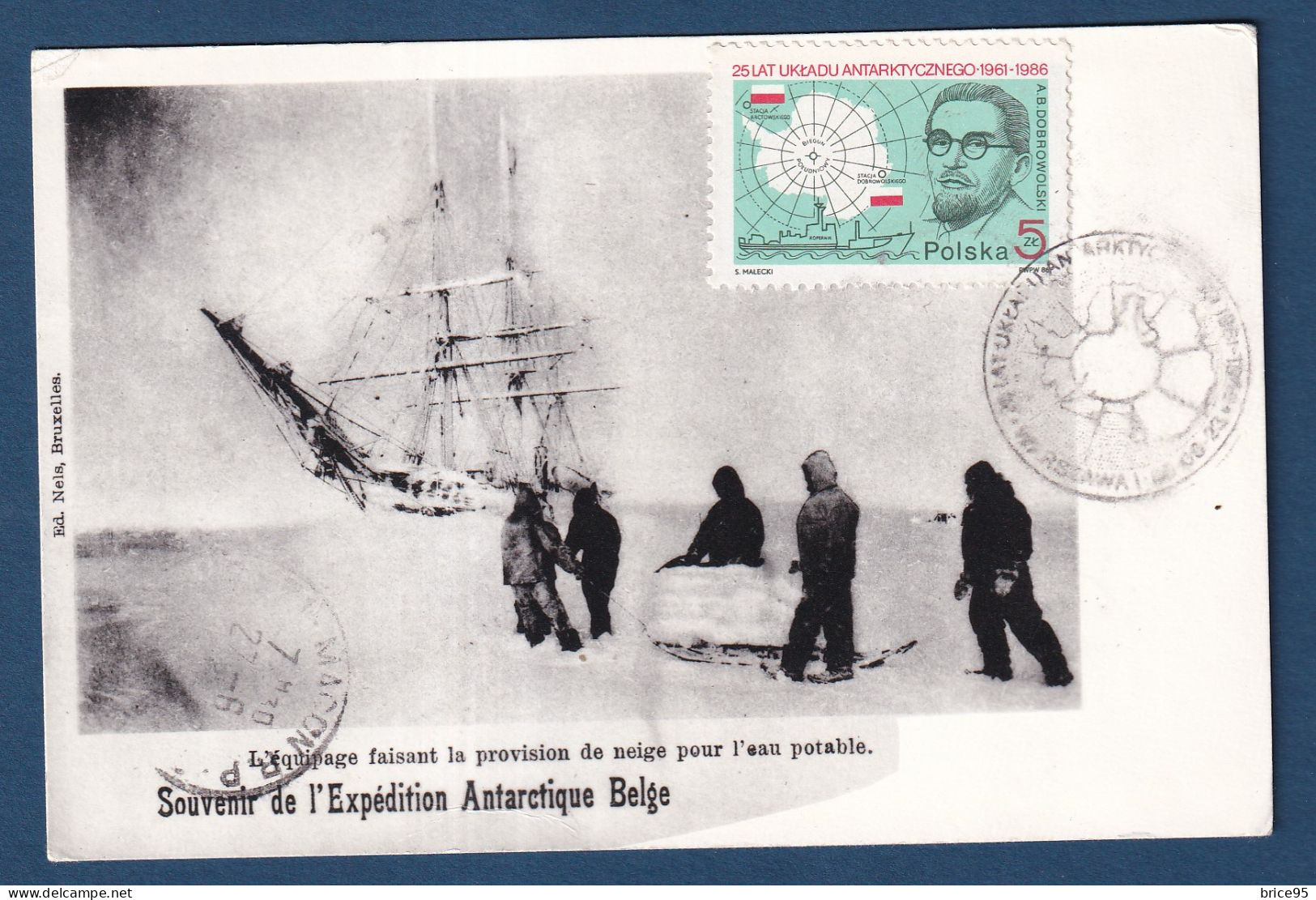 Pologne - Souvenir De L'expédition Antarctique Belge - L'équipage Faisant La Provision De Neige - Recommandé - 1986 - Spedizioni Antartiche