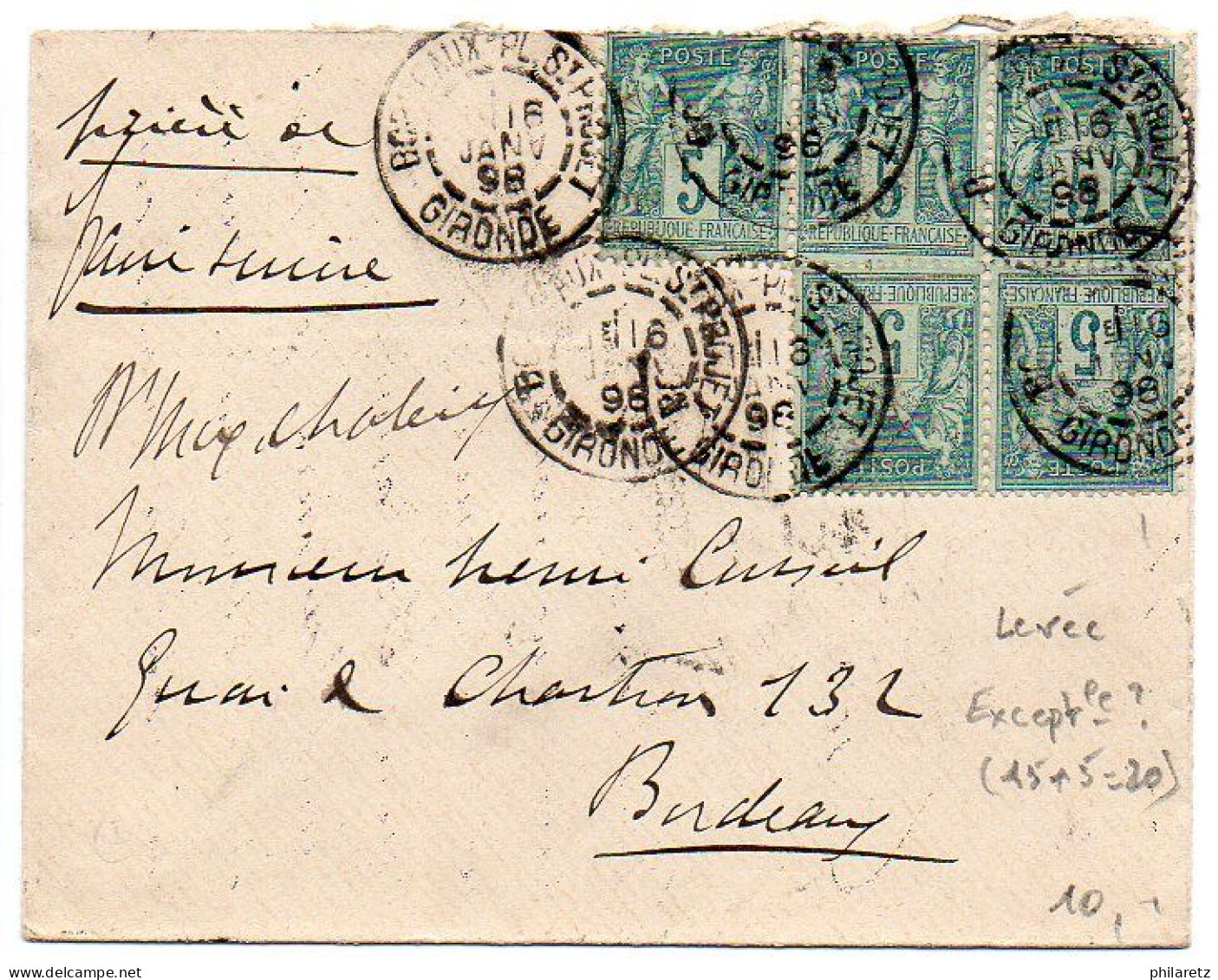 5c Sage X5 Sur Lettre De 1898 - Probable Levée Exceptionnelle Suraffranchie à 25c Au Lieu De 20c(1E En Levée Dans CaD) - 1877-1920: Semi Modern Period