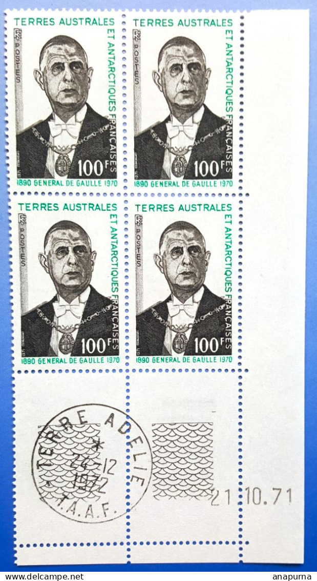 2 Bloc De 4  TP TAAF Coin Daté, Général De Gaulle, N°46 47 + Timbre à Date Dans Marge - Unused Stamps