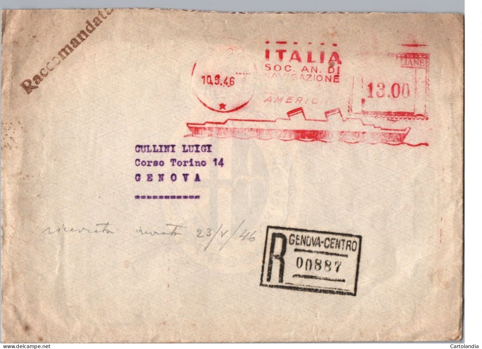 ITALIA 1946   -   Annullo Meccanico Rosso (EMA) ITALIA SOC. AN. DI NAVIGAZIONE AMERICHE - Maschinenstempel (EMA)